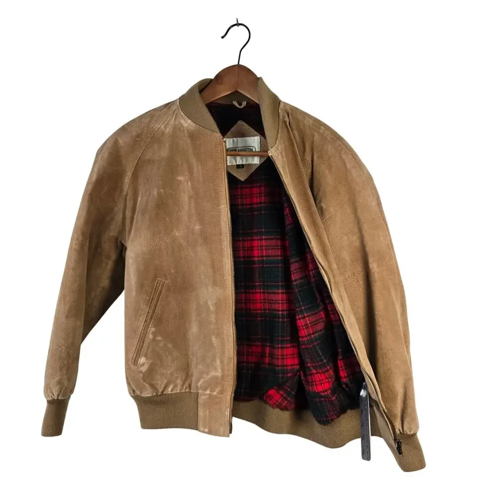 Vintage Grunge Revival Indie Sleaze Tan Suede 100% Leather Bomber Jacket Small